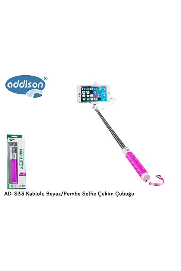 Addison AD-S33 Kablolu Beyaz/Pembe Selfie Çekim Çubuğu
