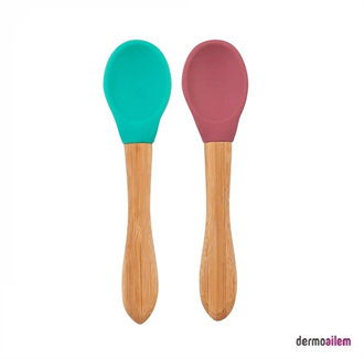 OİOİ Bambu Saplı Silikon Kaşık 2li 9+ Ay Yeşil - Bordo