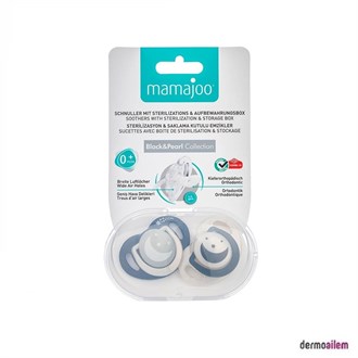 Mamajoo Sterilizasyon & Saklama Kutulu Pearl & Black Desenli İkili Ortodontik Emzik Gece & Gündüz 0 Ay+