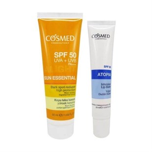 Cosmed Sun Essential Koyu Leke Karşıtı Yüksek Koruma Güneş Kremi SPF50 50 ml + Cosmed Atopia Dudak Balmı