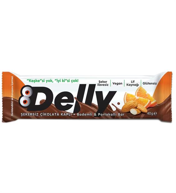 Delly Şekersiz Çikolata Kaplı-Bademli & Portakallı Bar 40 gr