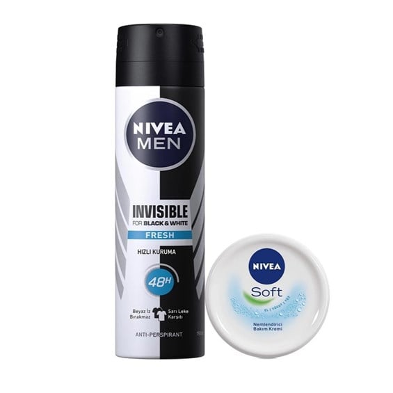 Nivea Deodorant Invisible Black & White Fresh Erkek 150 ml + Nivea Soft Krem 50 ml