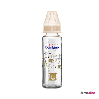 Bambino Beyaz Kapaklı Kuş Desenli Damaklı Cam Biberon 225 Ml