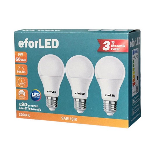 Efor Led Ampul E27 9W-60 W Sarı Isık Eko 3'lü Paket