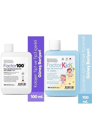 Factor100 Güneş Kremi SPF50+ 100 ml 10 Adet + Factor Kids Güneş Kremi SPF50+ 100 ml