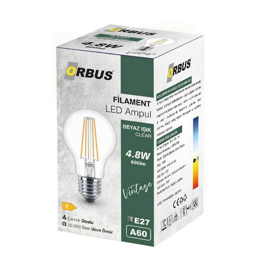 ORBUS LED FILAMENT A60 AMPUL 6 WATT E27  BEYAZ ISIK
