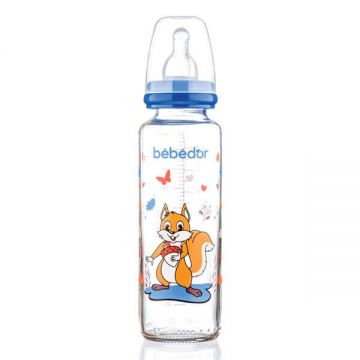 Bebedor Desenli Cam Biberon Silikon Emzikli Orta Akış Beyaz 250 ml