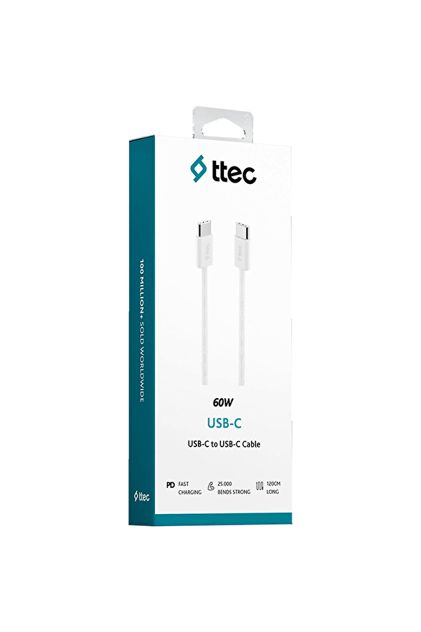 ttec 2DK54B  USB-C - USB-C 100cm 60W PD Örgü Hızlı Şarj/Data Kablosu Beyaz