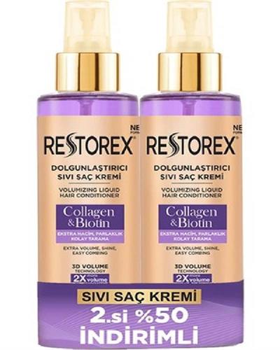 Restorex Sıvı Saç Kremi 200 Ml + 200 Ml Biotin ve Collagen Extra Hacim ve Parlaklık Kolay Tarama 8680512635154