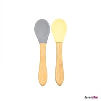 OİOİ Bambu Saplı Silikon 2'li Gri-Sarı Mama Kaşığı
