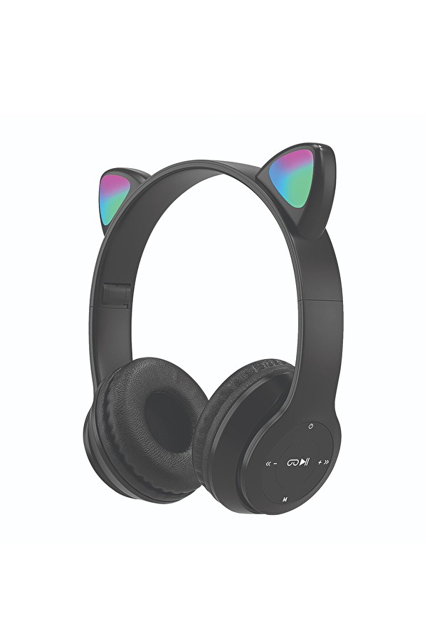 Bood Çocuk RGB Işıklı Kedili Kulak Üstü Bluetooth Kulaklık P47 Siyah