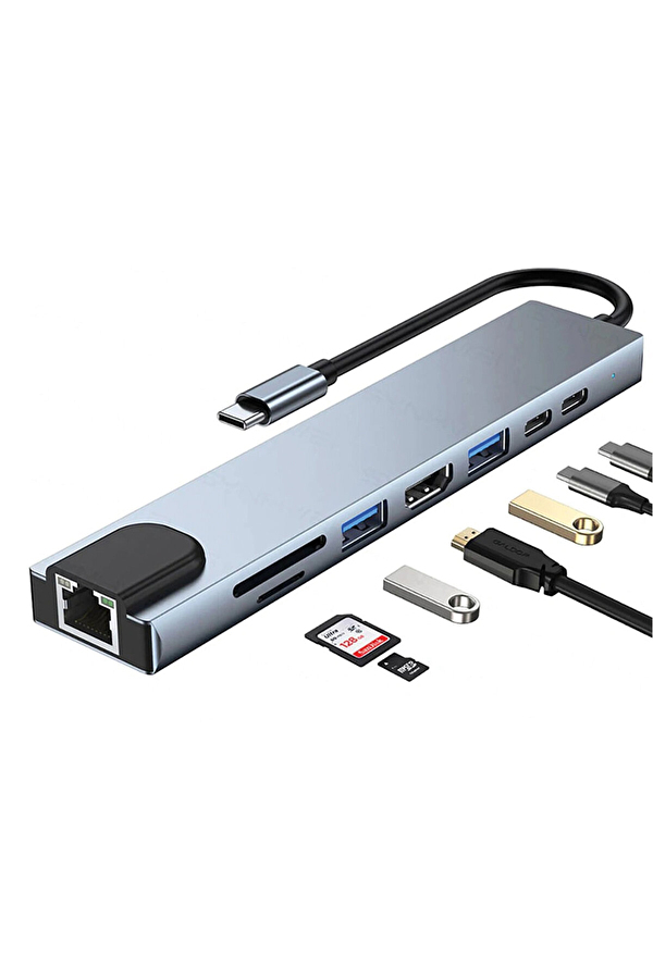 SHAZA 8in1 USB Type-C Hub Port Adaptör HDMI USB Ethernet PD Girişli