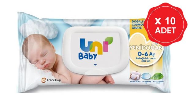 Uni Baby Yenidoğan Islak Pamuk Mendil 40 Yaprak 10 Paket