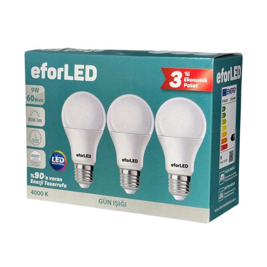 Efor Led Ampul E27 9W-60 W Gün Işığı Eko 3'lü Paket