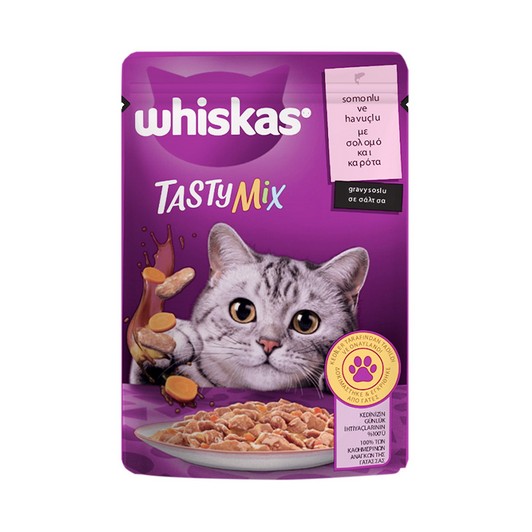 Whiskas Pouch Tasty Mix Sos Içerisinde Somonlu Ve Havuçlu Yetişkin Konserve Kedi Maması 85 gr