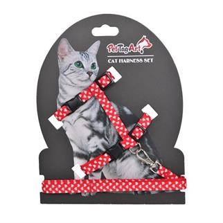 Dalis Kırmızı Beyaz Kalp Desenli Ayarlanabilir Kedi Göğüs Tasma Seti