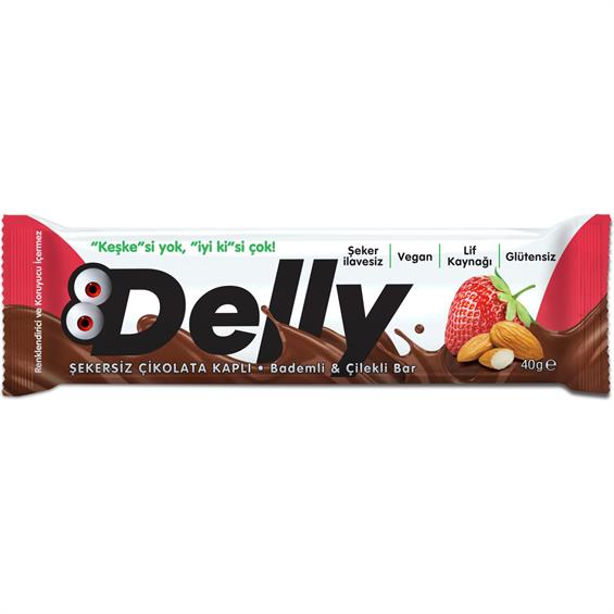 Delly Şekersiz Çikolata Kaplı-Bademli & Çilekli Bar 40 gr