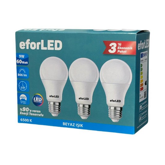 EFOR LED AMPUL E27 9W-60 W BEYAZ ISIK Eko 3'lü Paket